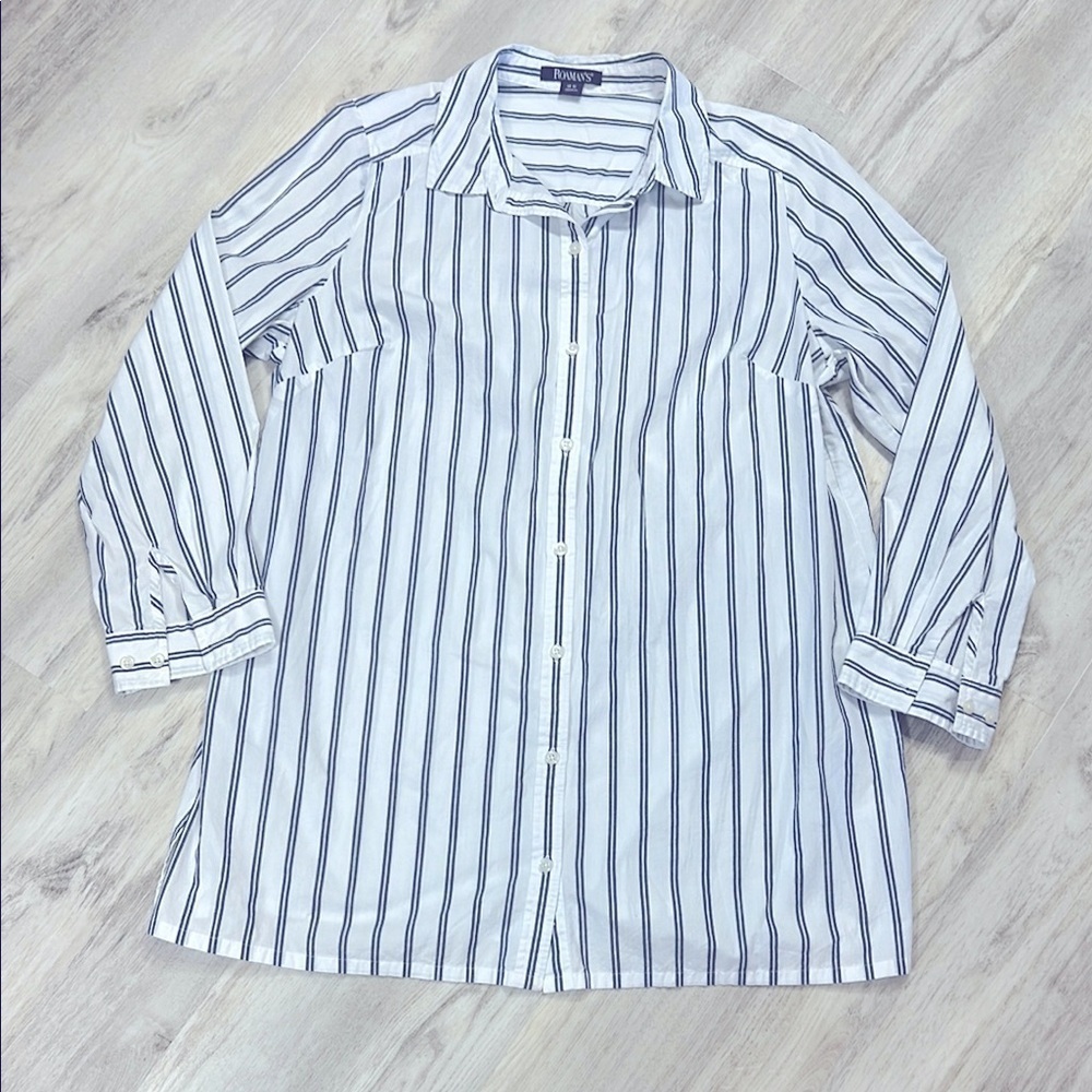 Women’s Coastal Nautical Striped Crisp 100% Cotton Button Down LS Shirt Blouse